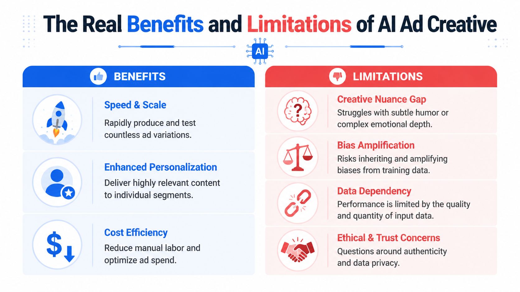 An infographic titled The Real Benefits and Limitations of AI Ad Creative, listing key advantages and drawbacks.