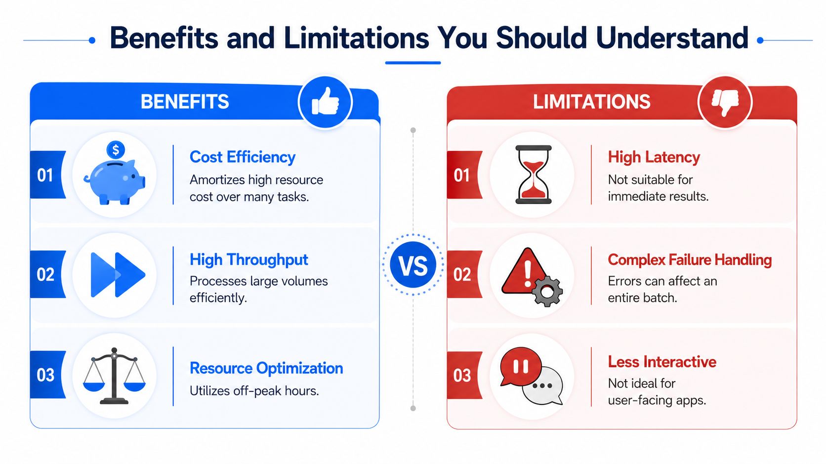 An infographic comparing the benefits and limitations of batch processing with icons for cost, speed, and efficiency.