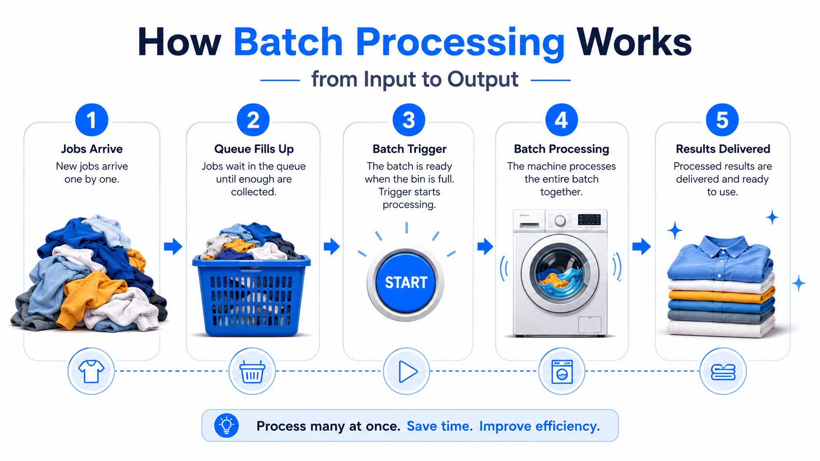 An infographic showing the five steps of batch processing using a laundry analogy from input to output.