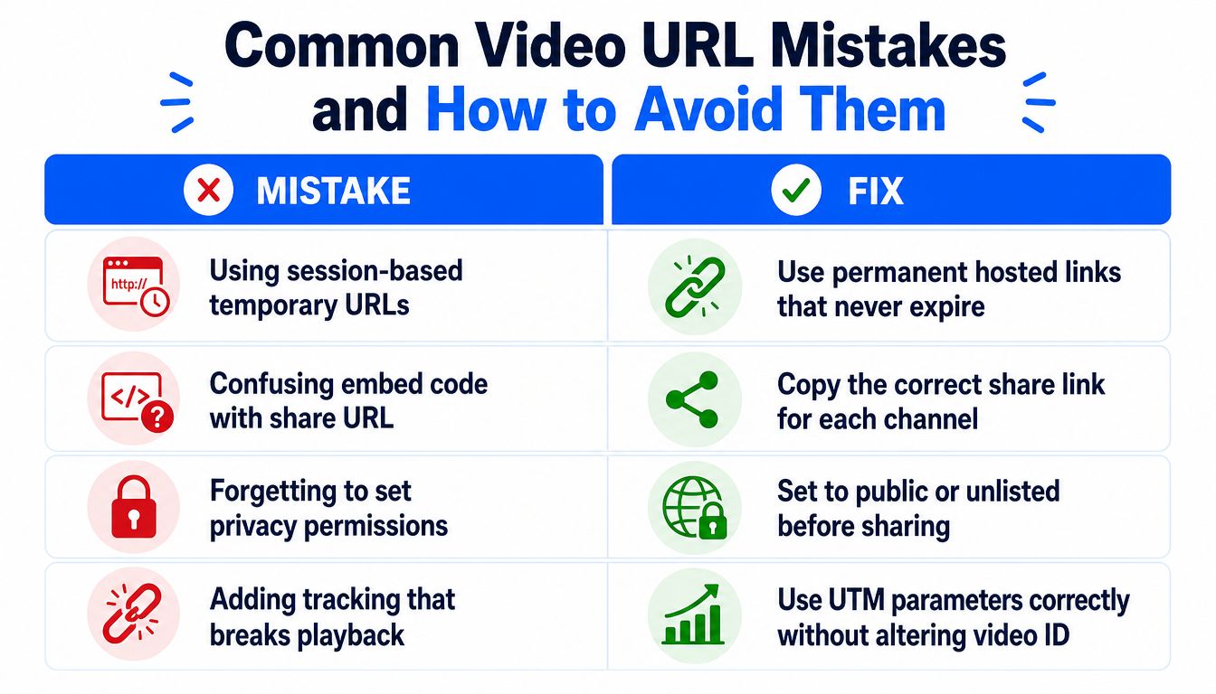 A table comparing common mistakes when sharing video URLs and the corresponding fixes for better accessibility.