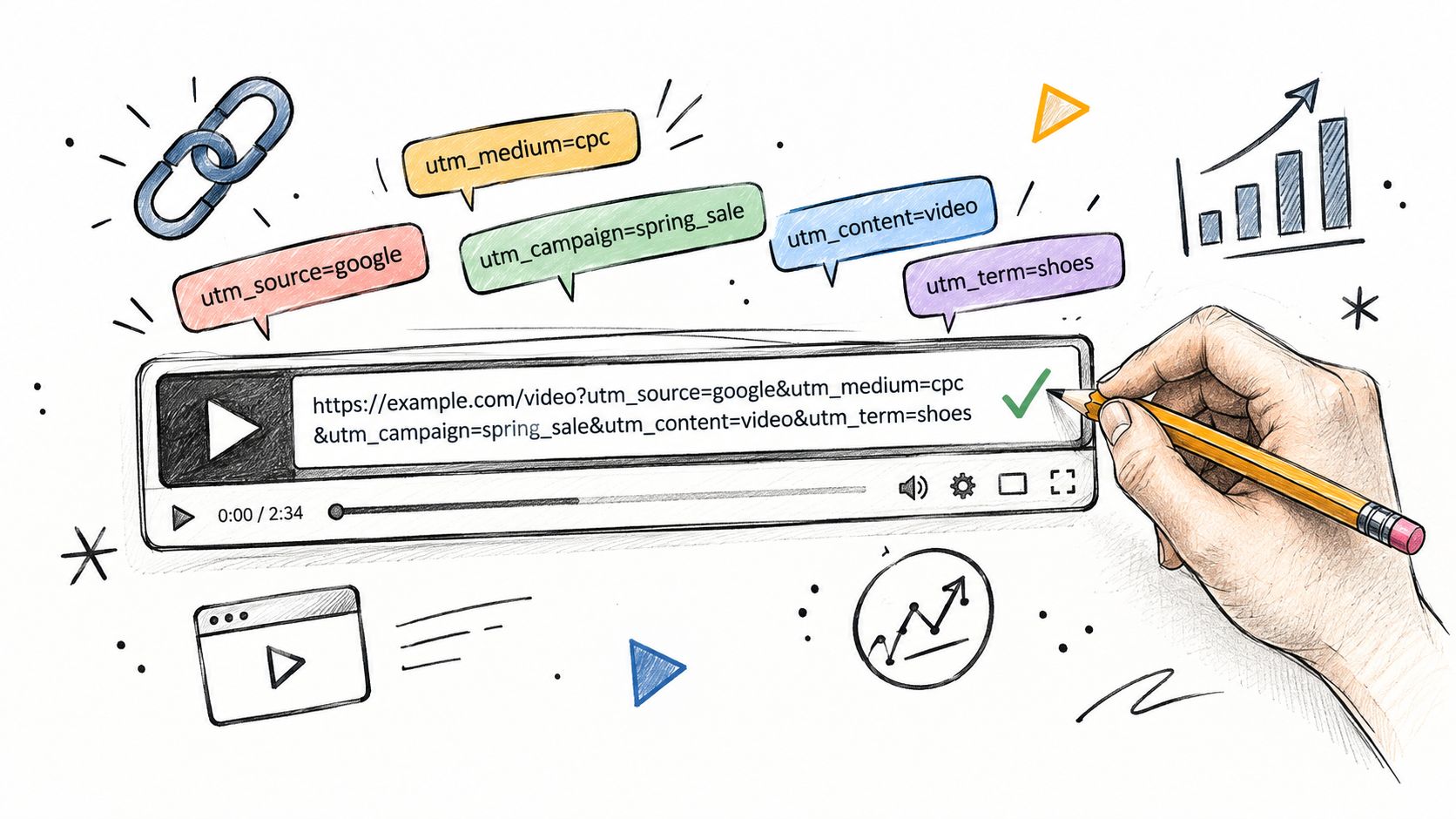 A hand drawing a URL with UTM tracking parameters next to a video player graphic illustration.