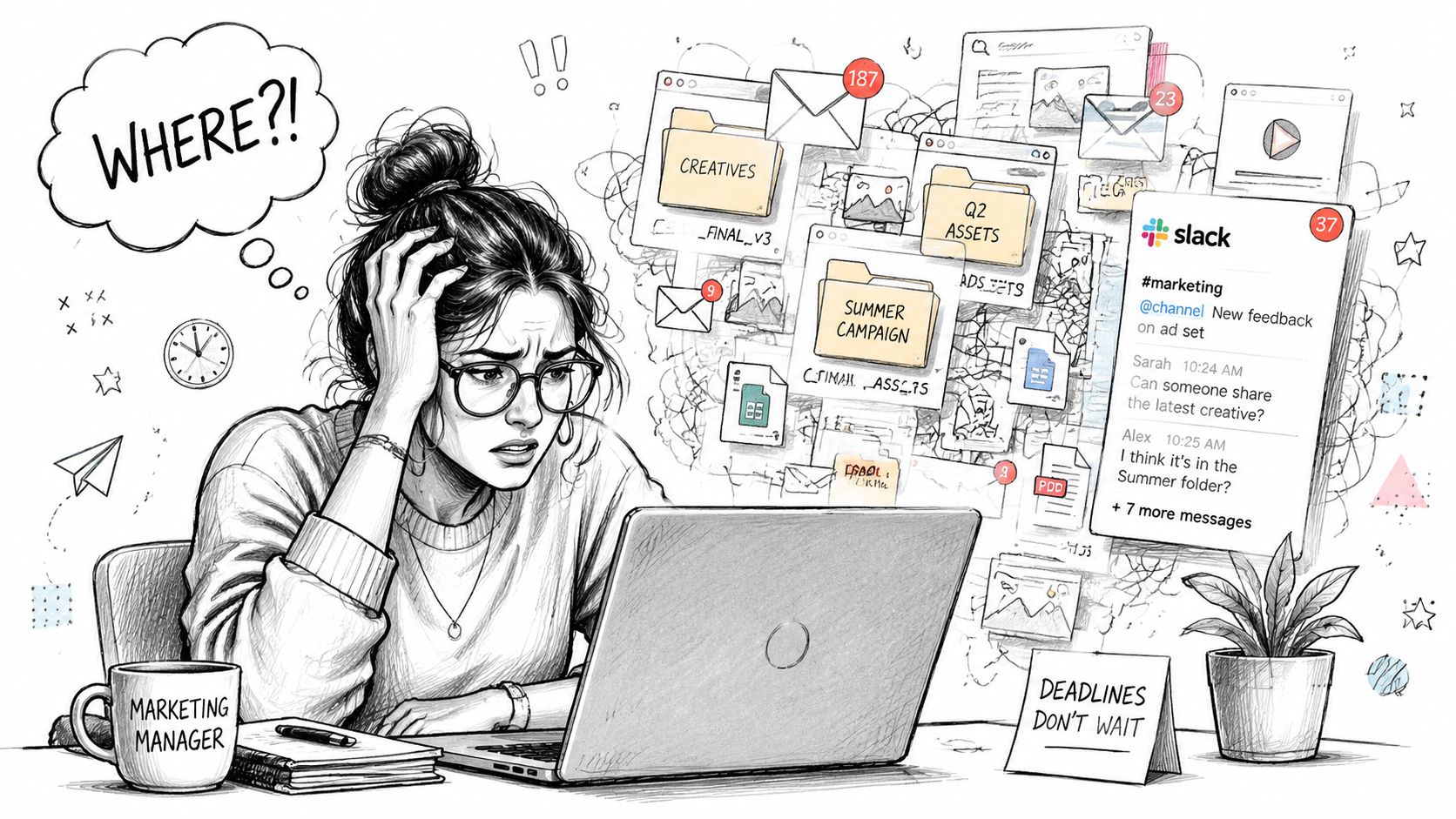 Stressed marketing manager struggling to find files amidst digital clutter, notifications, and urgent work deadlines.
