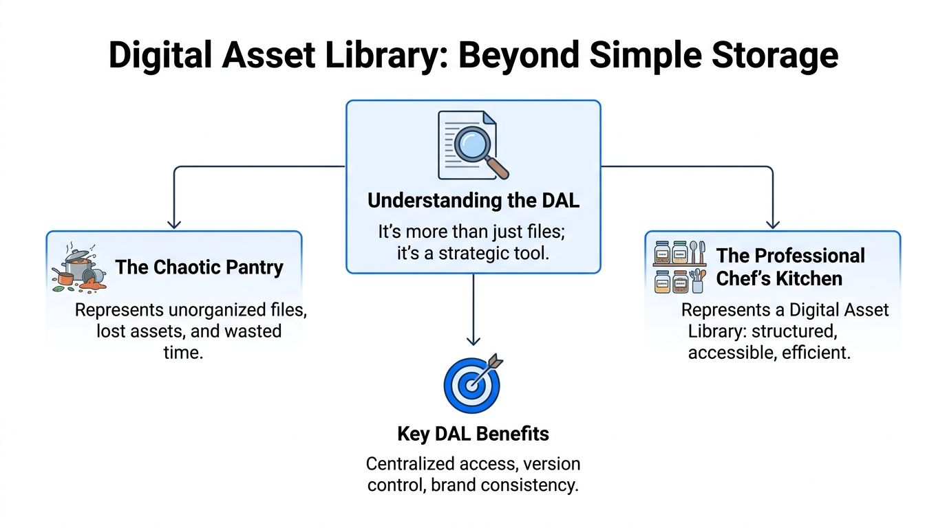 A diagram comparing a chaotic storage system to an organized digital asset library with key benefits.