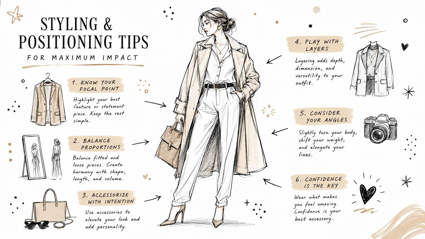 A fashion illustration providing six tips for styling and positioning to create a balanced, impactful outfit look.