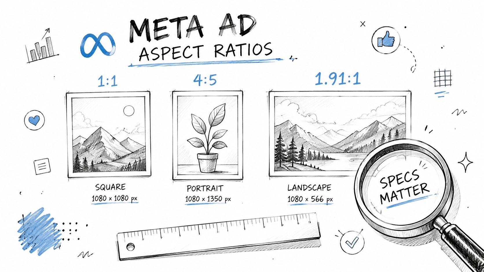 A hand-drawn illustration depicting common Meta ad aspect ratios including square, portrait, and landscape image dimensions.