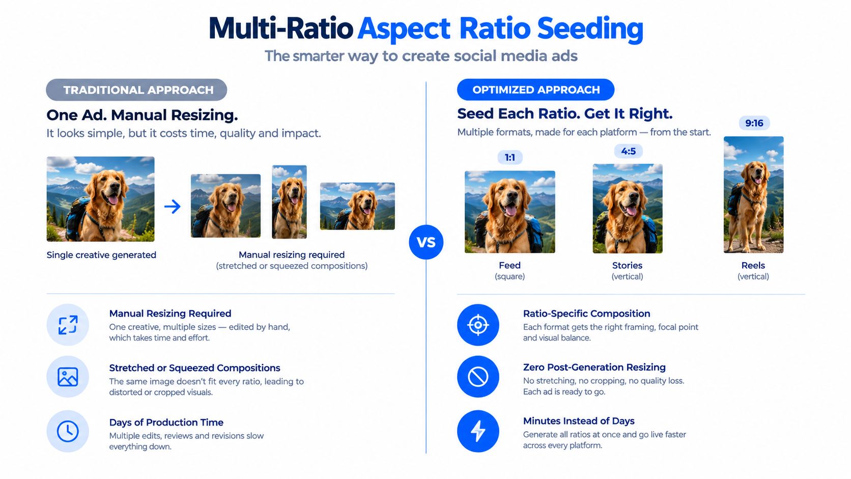 A comparison infographic showing traditional manual ad resizing versus optimized multi-ratio aspect ratio seeding for social media.