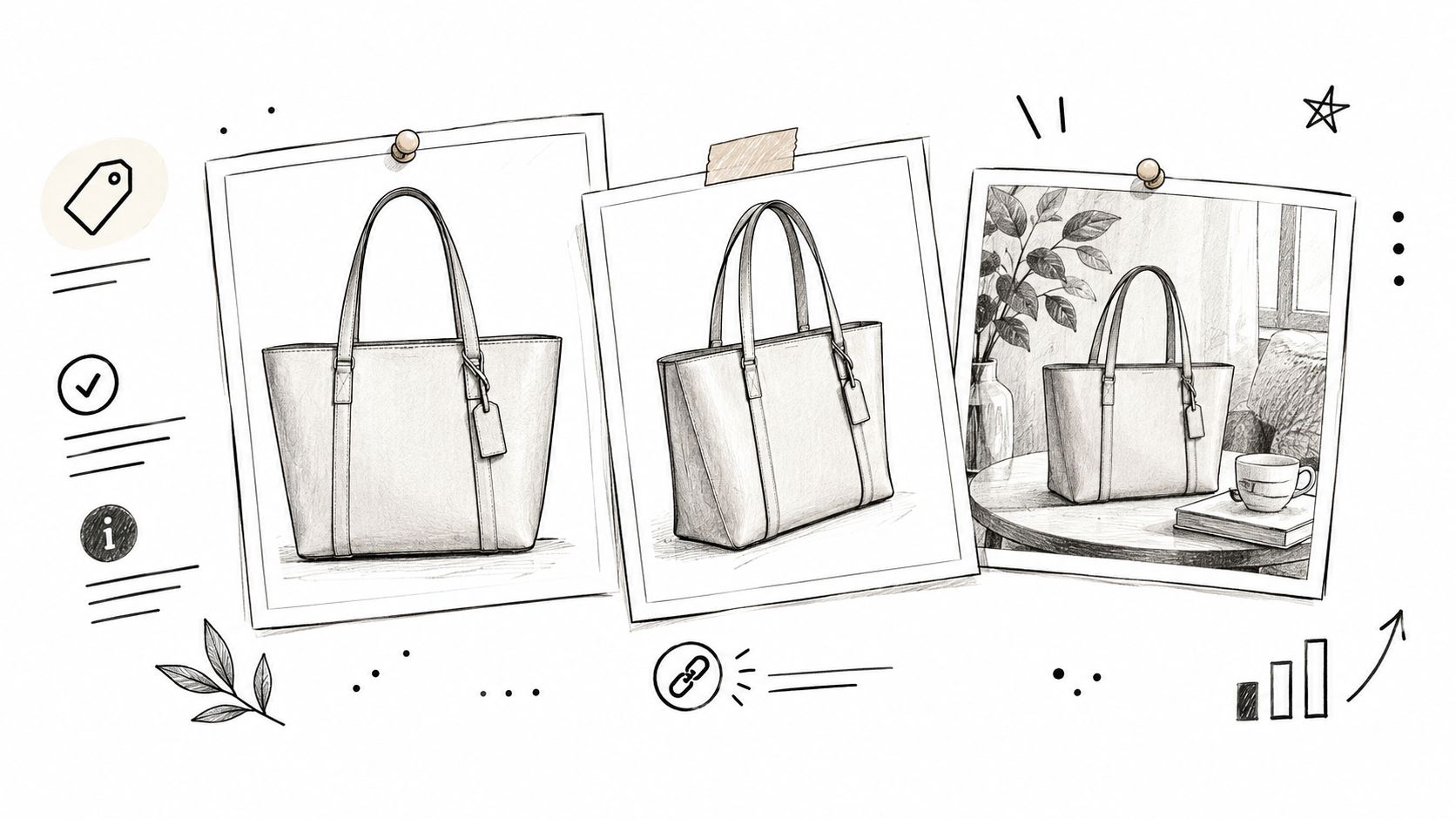 A hand-drawn sketch collage featuring three different views of a classic leather tote bag for fashion inspiration.