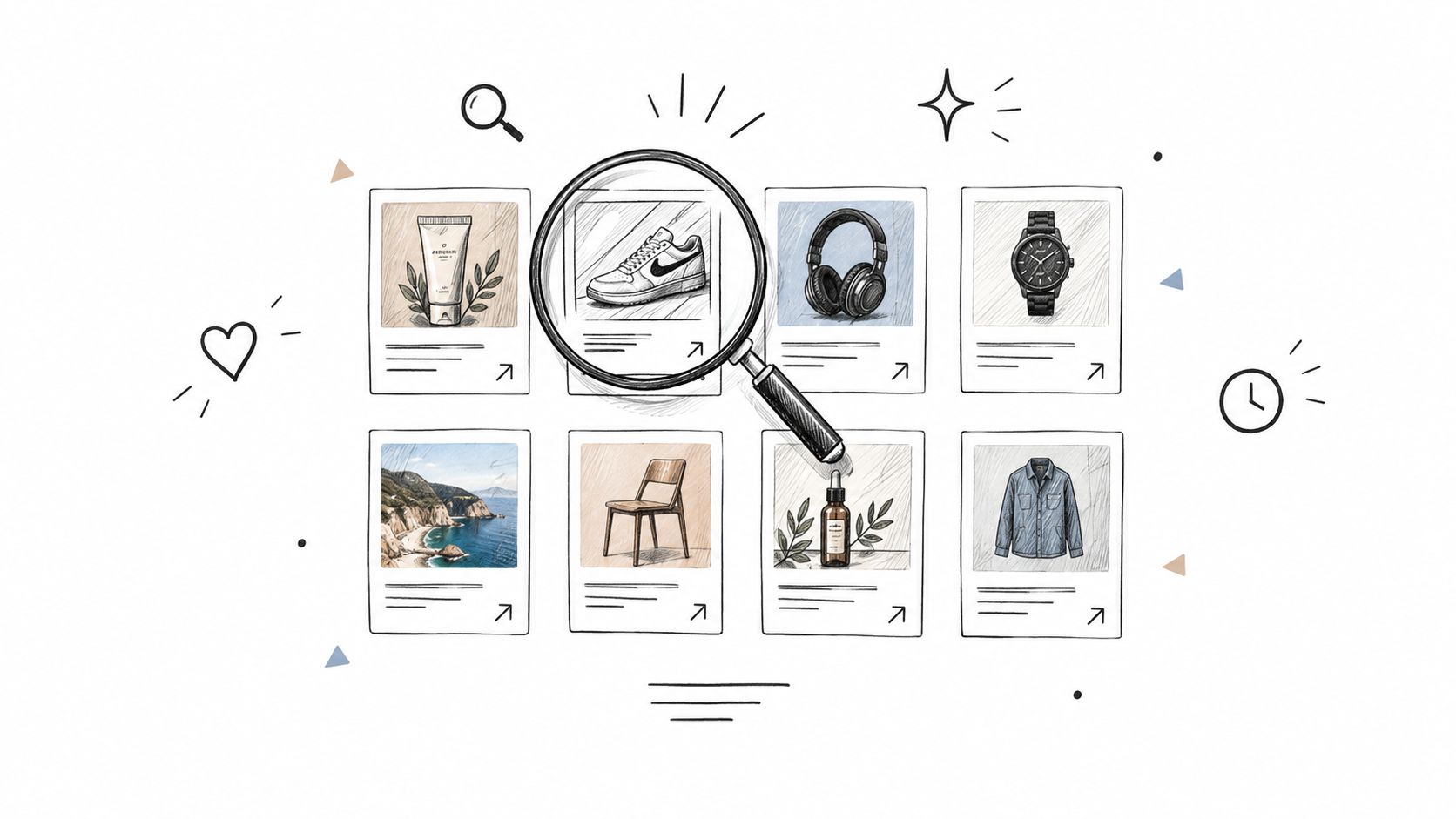 A hand-drawn illustration showing a magnifying glass searching through a grid of various lifestyle product icons.