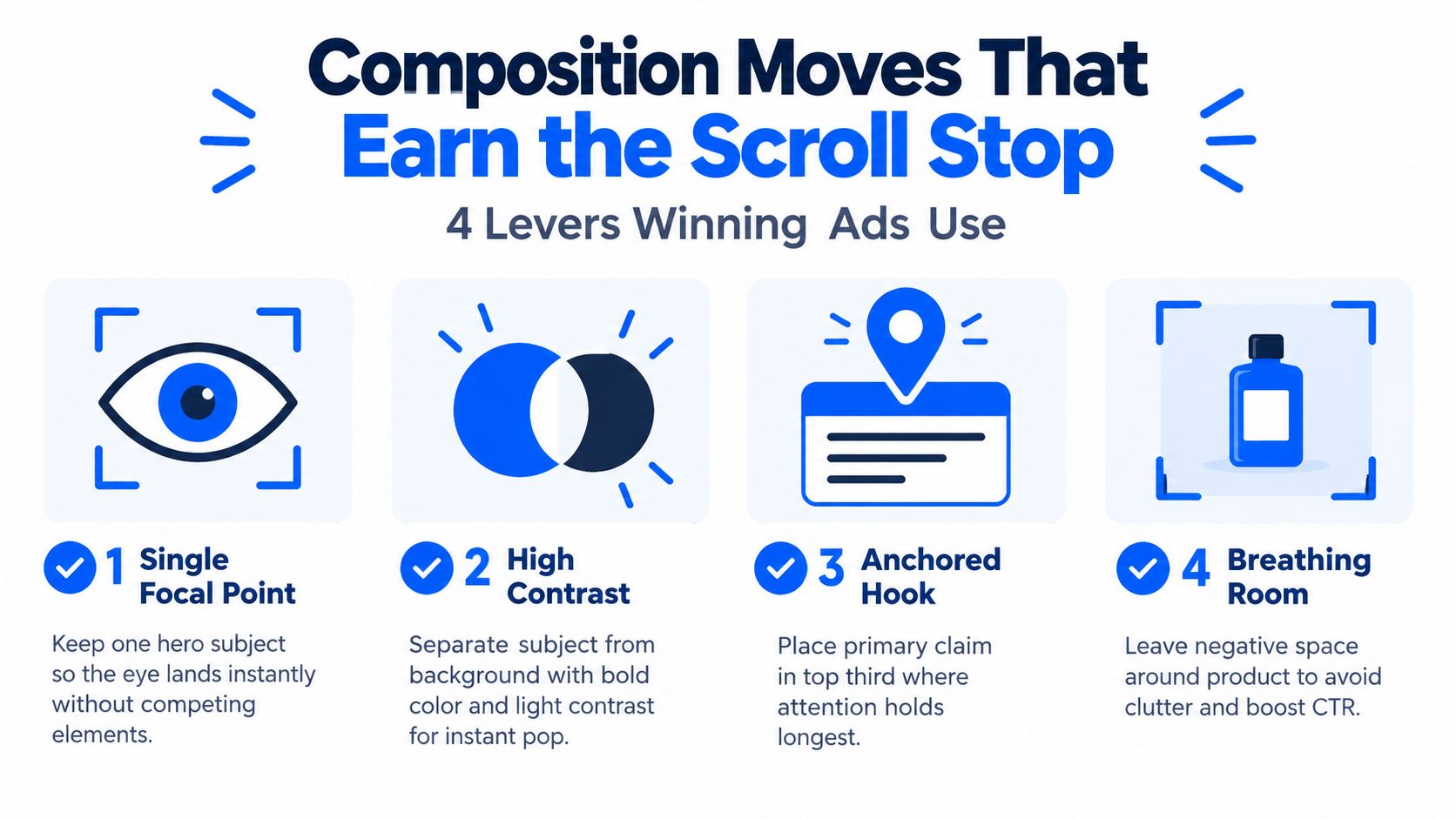 An infographic titled Composition Moves That Earn the Scroll Stop featuring four design principles for effective advertising.