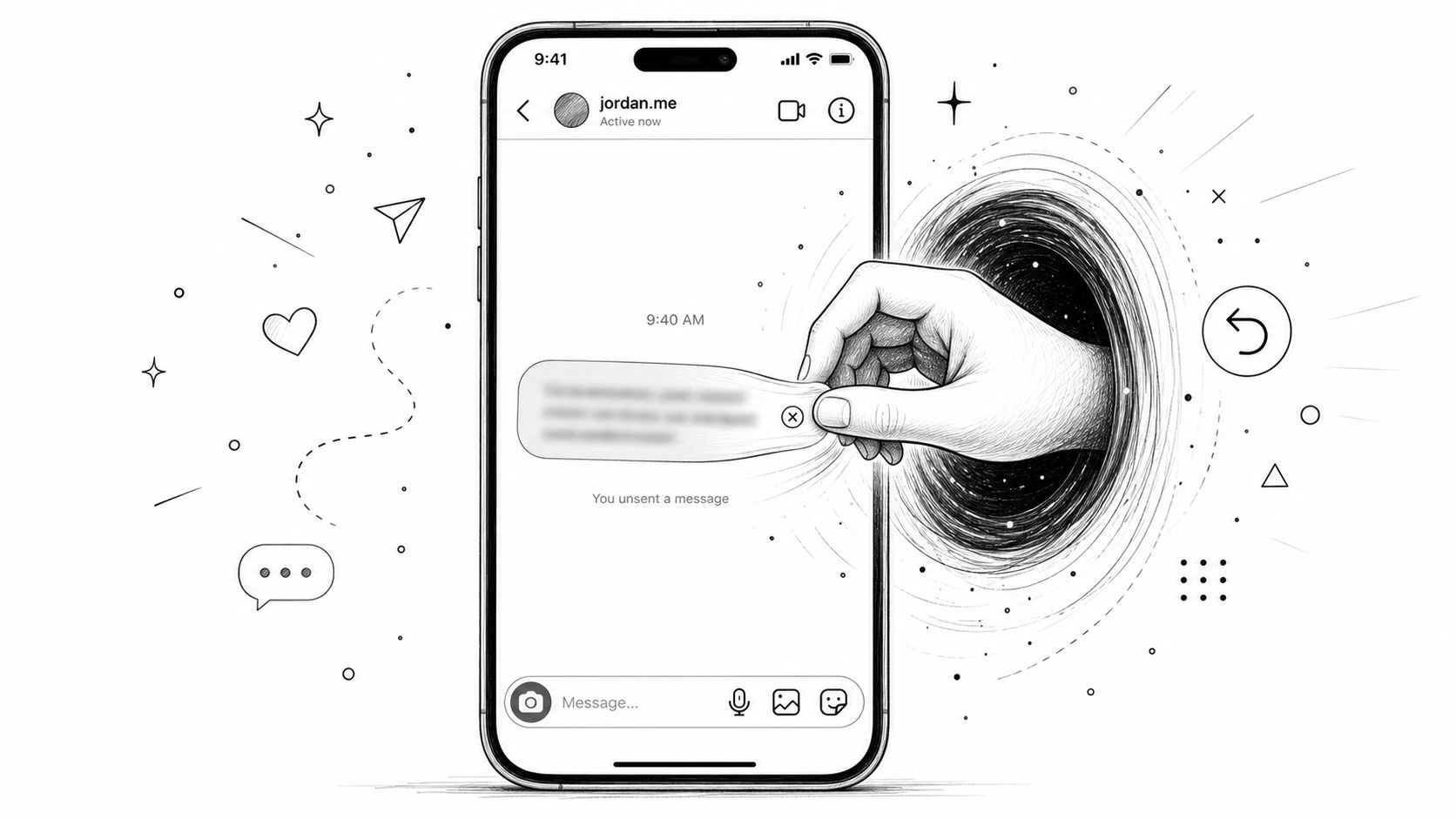 A hand pulling a blurred Instagram message bubble into a black hole on a smartphone screen.
