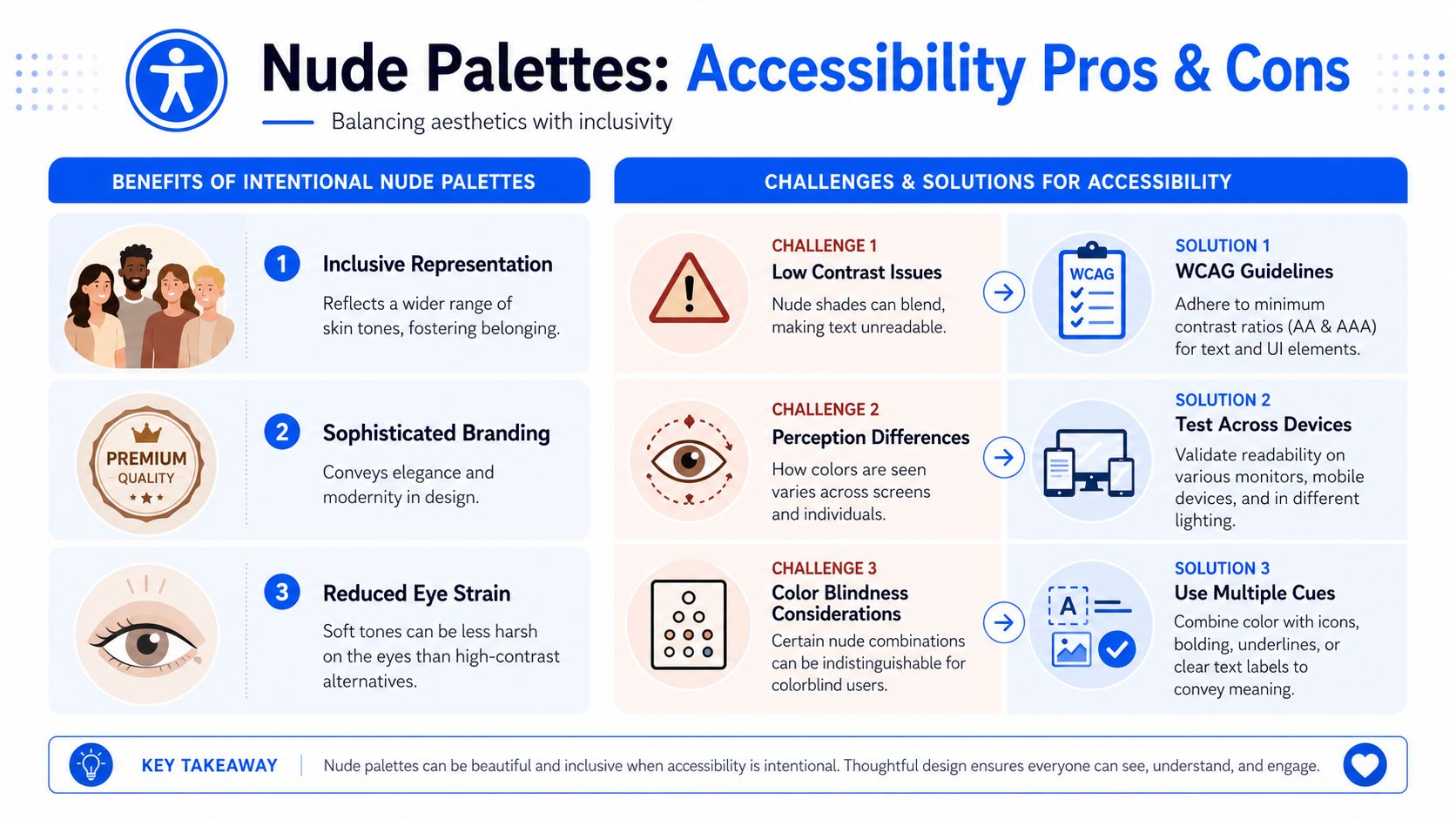 An infographic titled Nude Palettes: Accessibility Pros & Cons illustrating benefits and accessibility challenges with solutions.