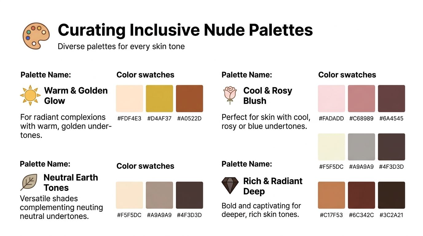 A visual guide for curating inclusive nude color palettes tailored for diverse skin tones and undertones.