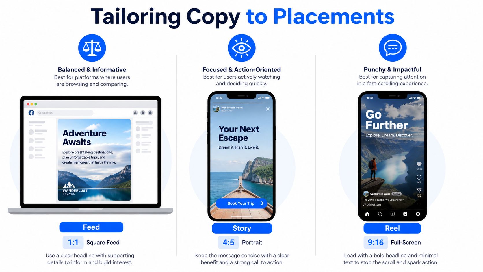 An infographic showing how to tailor ad copy for feed, story, and reel platform placements effectively.