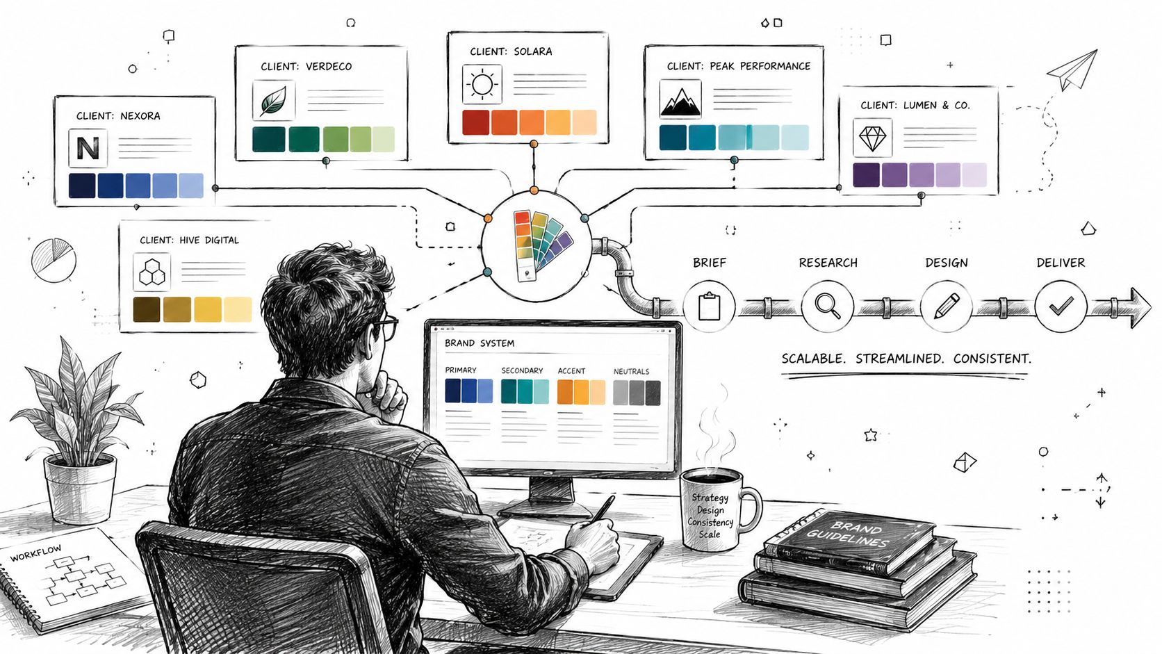 A digital designer working at a desk, creating consistent brand identity color palettes for various clients.