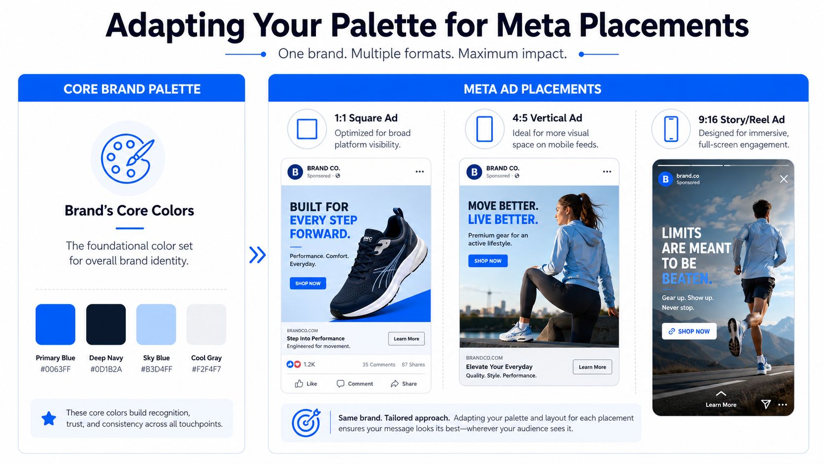 A guide showing how to adapt brand color palettes for different Meta ad format placements.