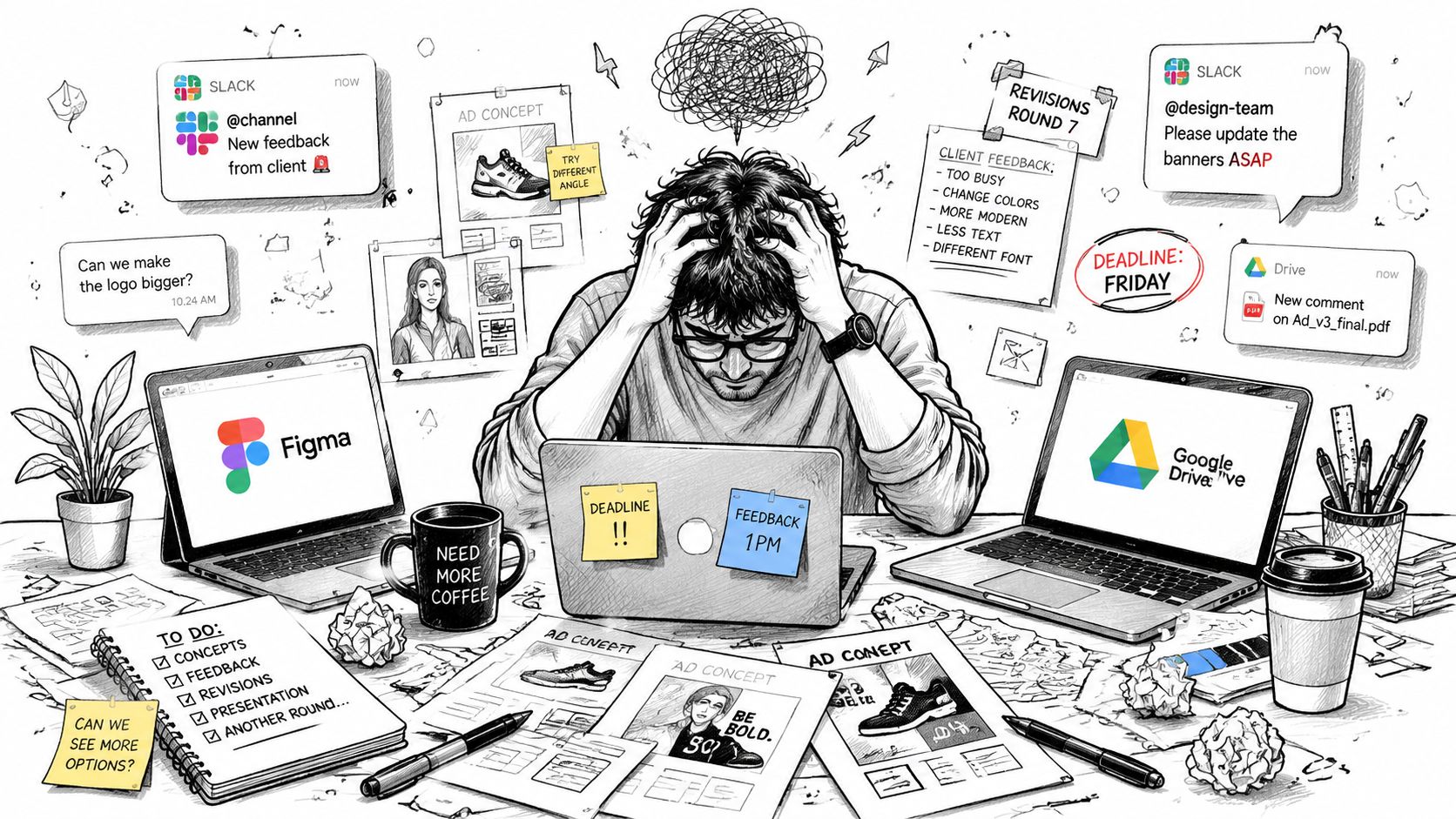 A stressed designer working at a cluttered desk surrounded by notification alerts, client feedback, and deadlines.