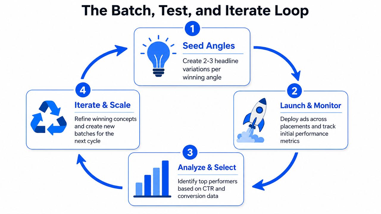 A diagram illustrating the four-step batch, test, and iterate loop process for optimizing advertising campaign performance.