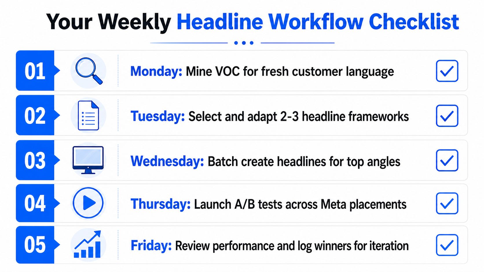 A weekly headline workflow checklist showing five daily steps for creating and testing effective marketing headlines.