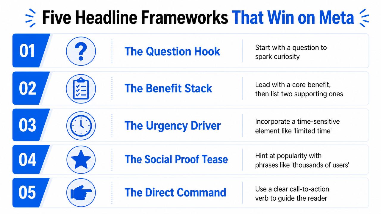 A graphic listing five effective headline framework strategies for advertising on Meta platforms with clear descriptions.