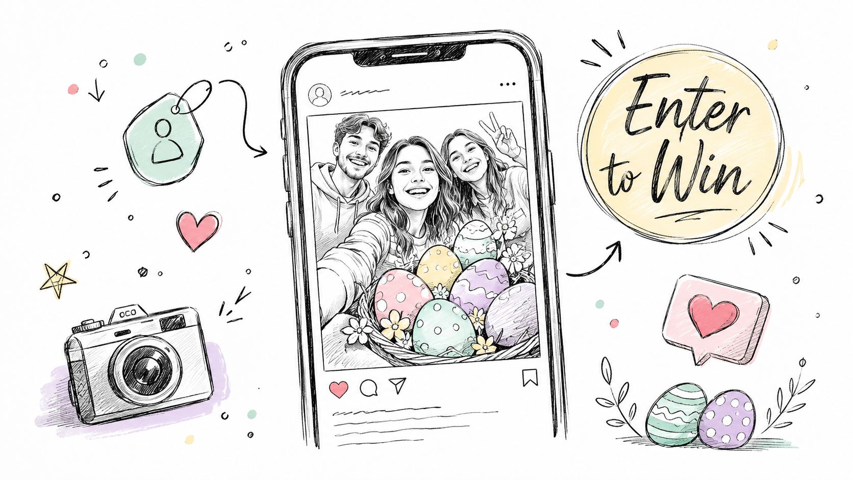 A sketched illustration of a smartphone screen showing friends with Easter eggs, surrounded by creative social media icons.