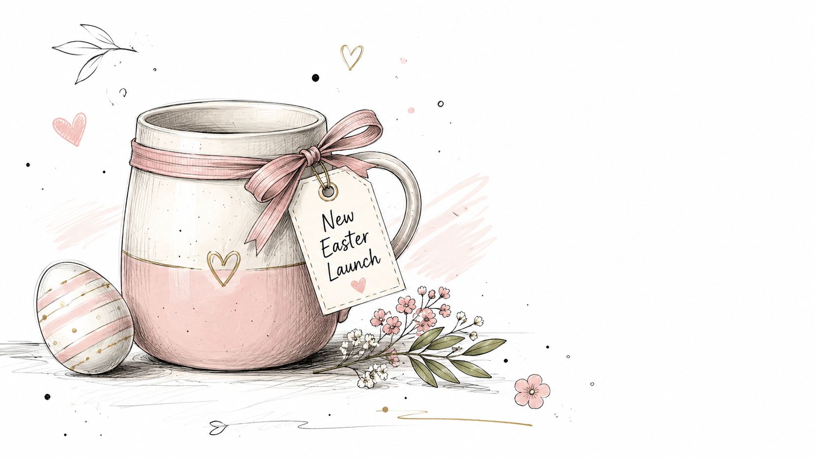 A charming Easter-themed mug decorated with a pink ribbon and floral accents sitting next to a decorative egg.