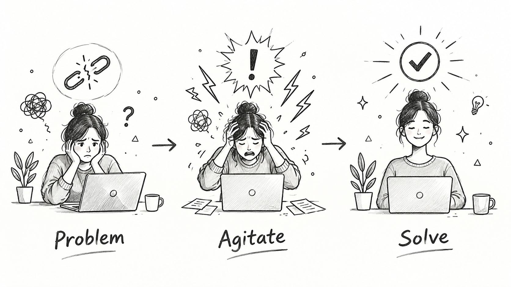 A hand-drawn illustration depicting the problem, agitate, and solve copywriting framework with a woman working on a laptop.