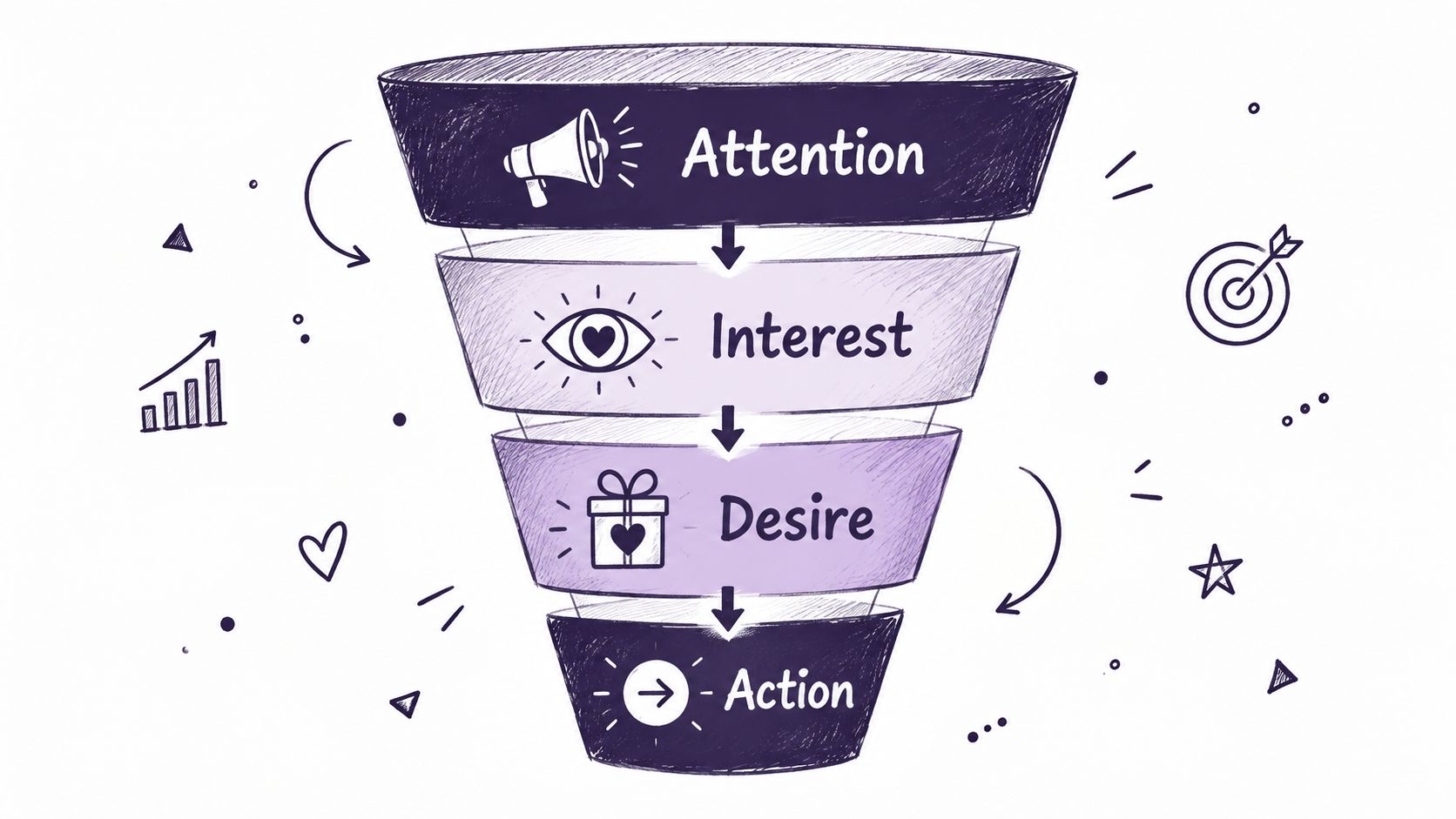 A hand-drawn funnel diagram illustrating the AIDA marketing model from attention to interest, desire, and action.