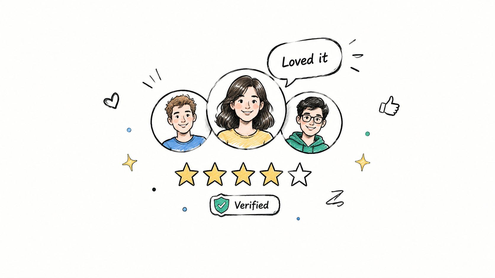 A hand-drawn illustration showing three happy faces, a four-star rating, and a verified badge icon.