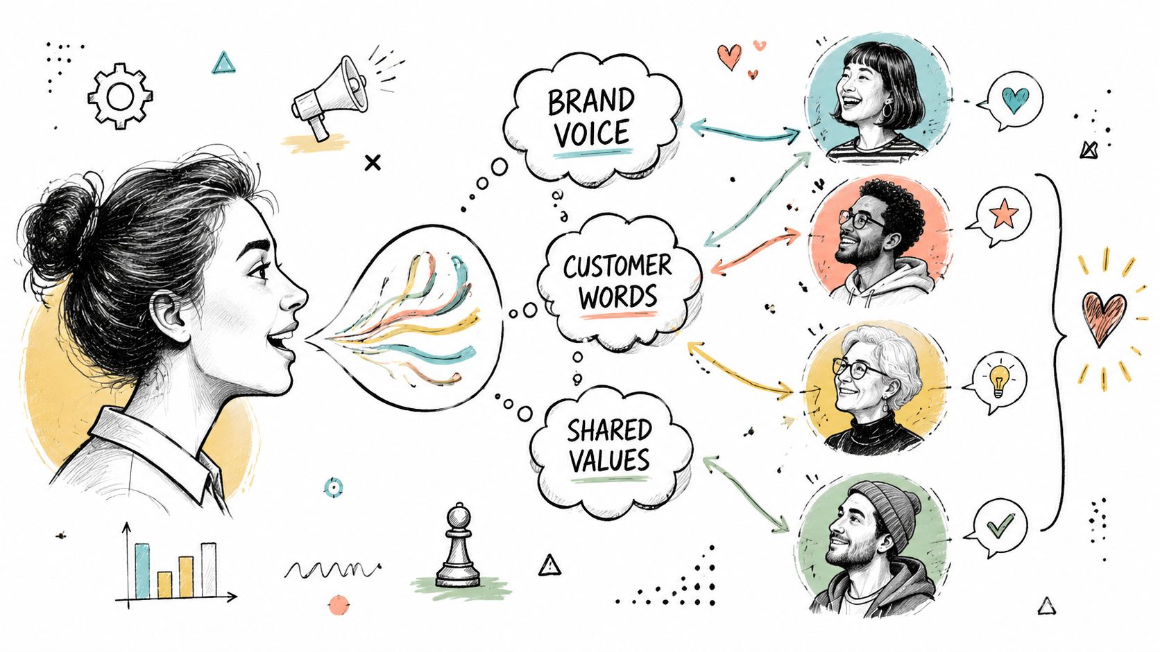 An illustration showing a person speaking with brand voice, customer words, and shared values connecting to audience personas.