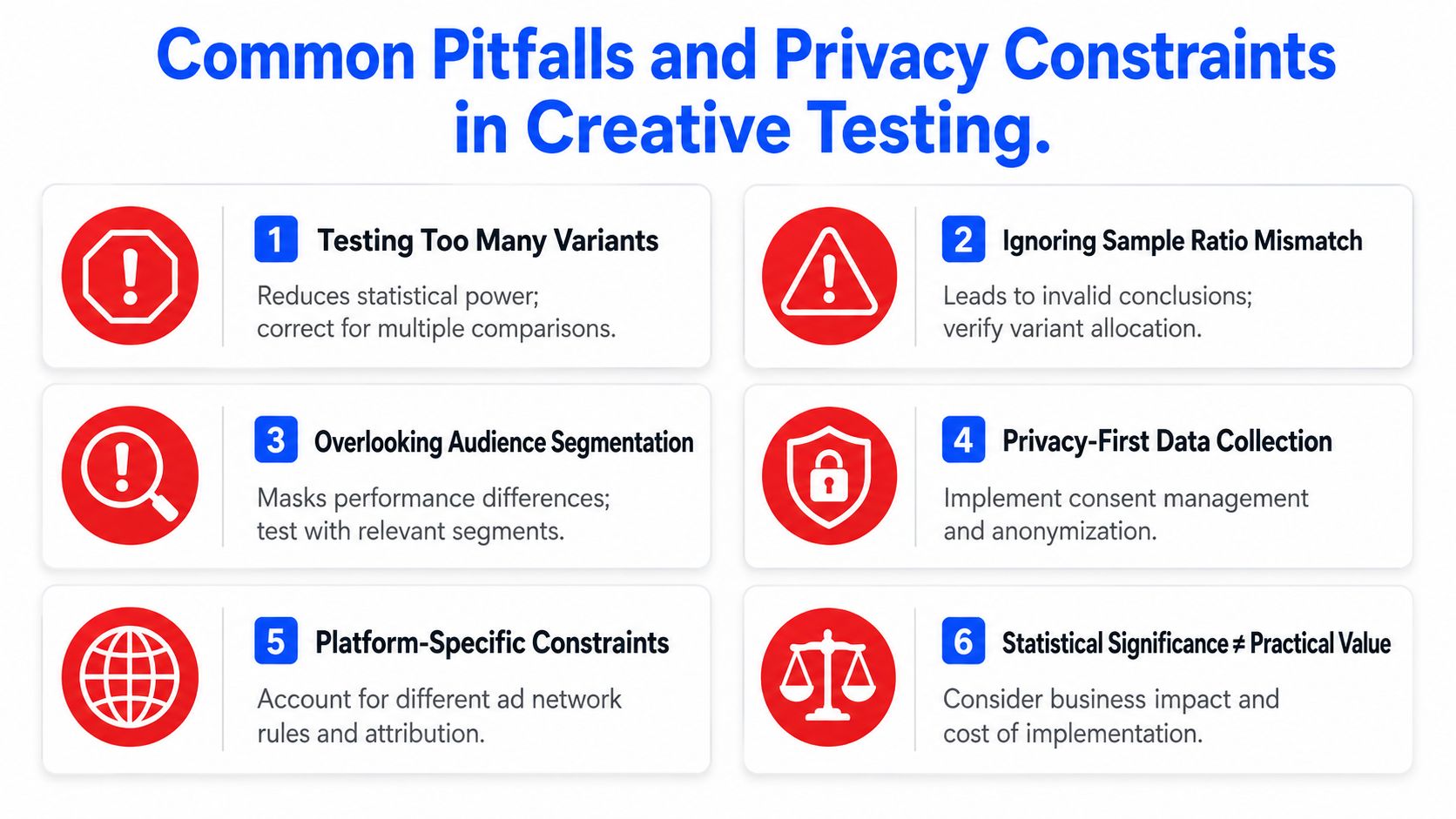 A diagram outlining six common pitfalls and privacy constraints found in creative A/B testing and performance analysis.