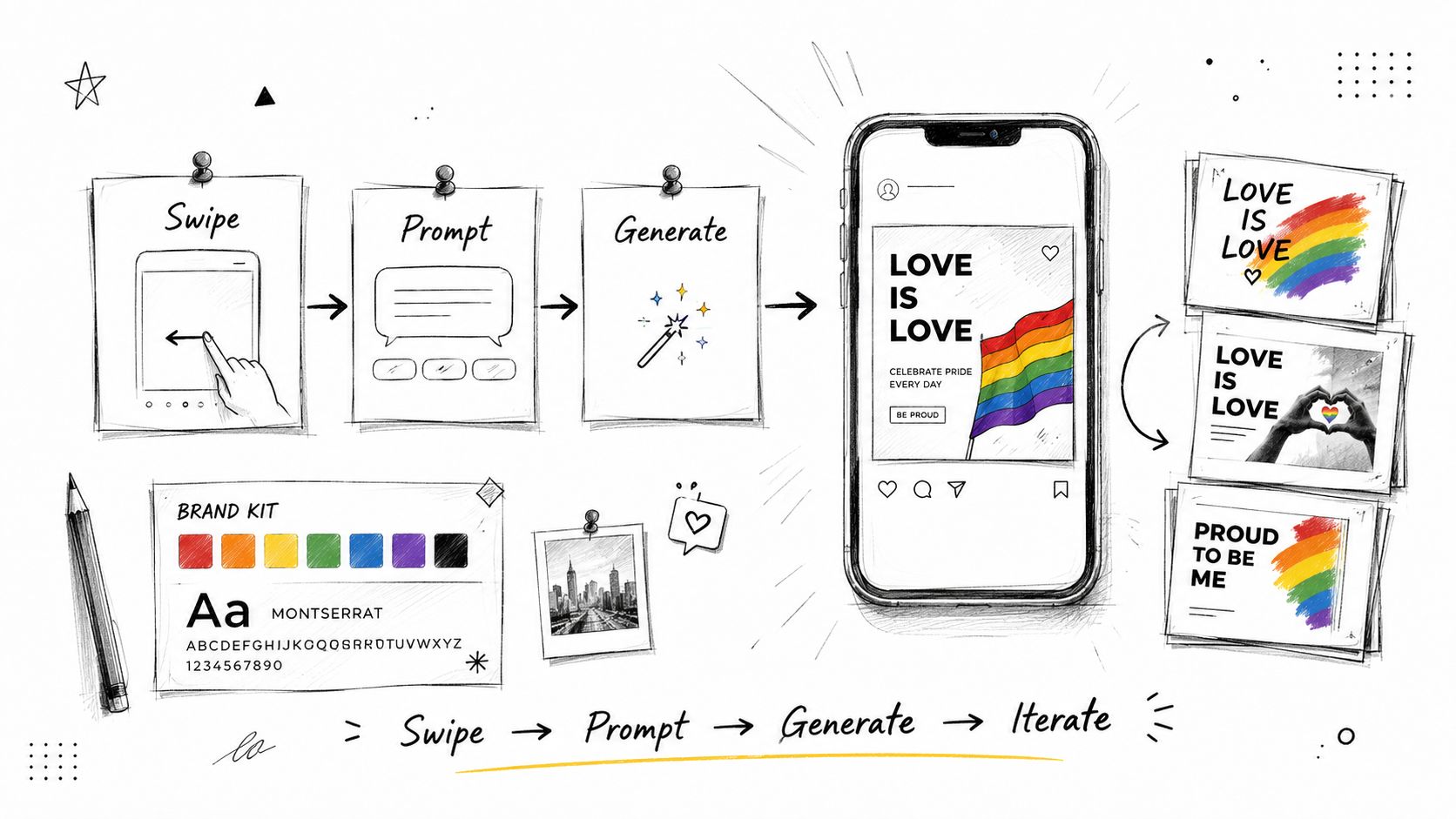 A hand-drawn illustration showing a process for creating AI-generated Pride Month social media posts on mobile.