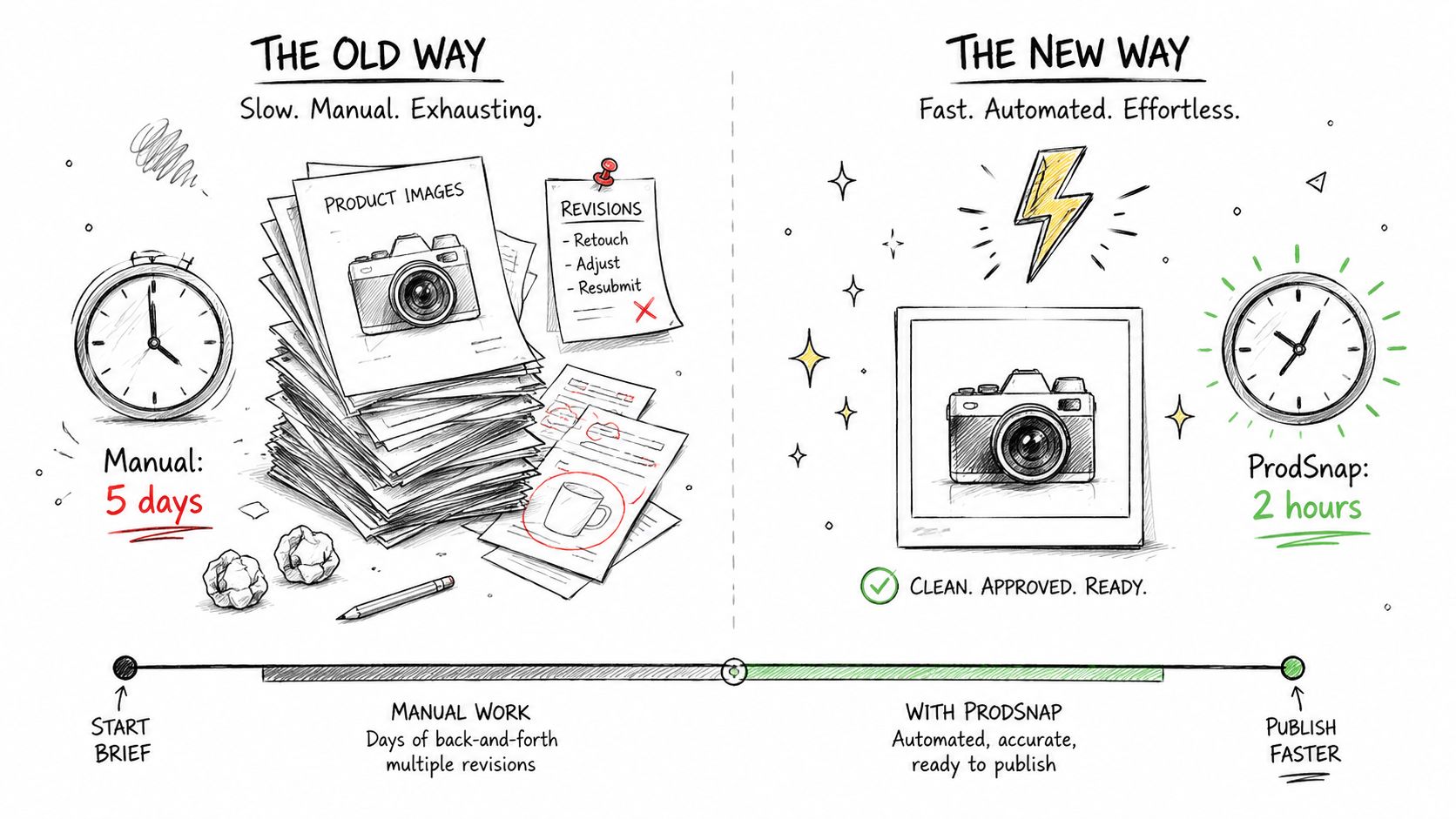 A comparison illustration showing traditional manual photo editing versus automated product image processing using ProdSnap.