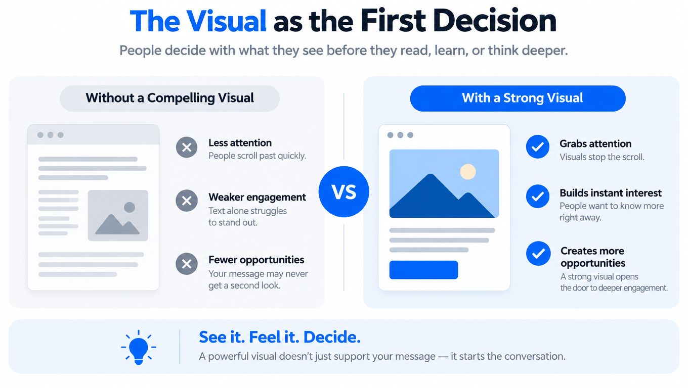 A comparison infographic showing how strong visuals improve engagement, attention, and opportunities compared to text-heavy content.