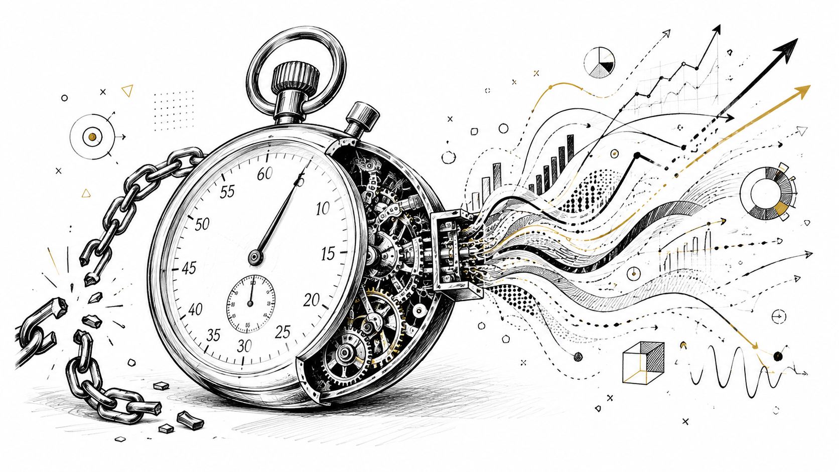 A detailed illustration of a mechanical stopwatch breaking its chains and releasing various data visualization charts.