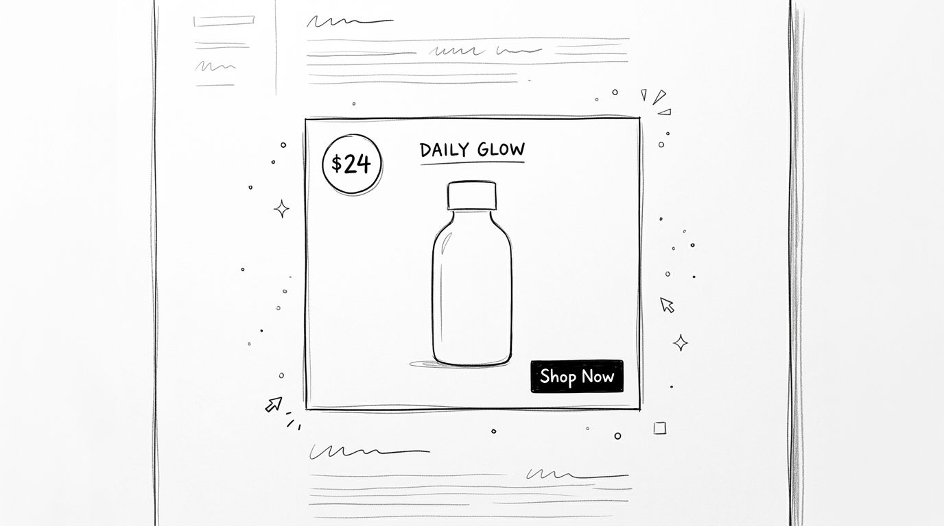 A hand-drawn sketch of a Google display advertisement for a product named Daily Glow, priced at $24.