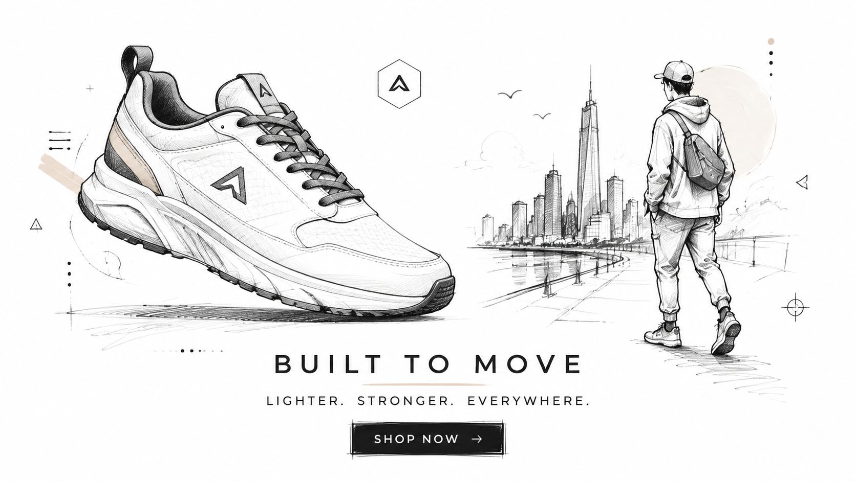 A minimalist sketch illustration of a modern athletic sneaker next to a person walking towards a city skyline.