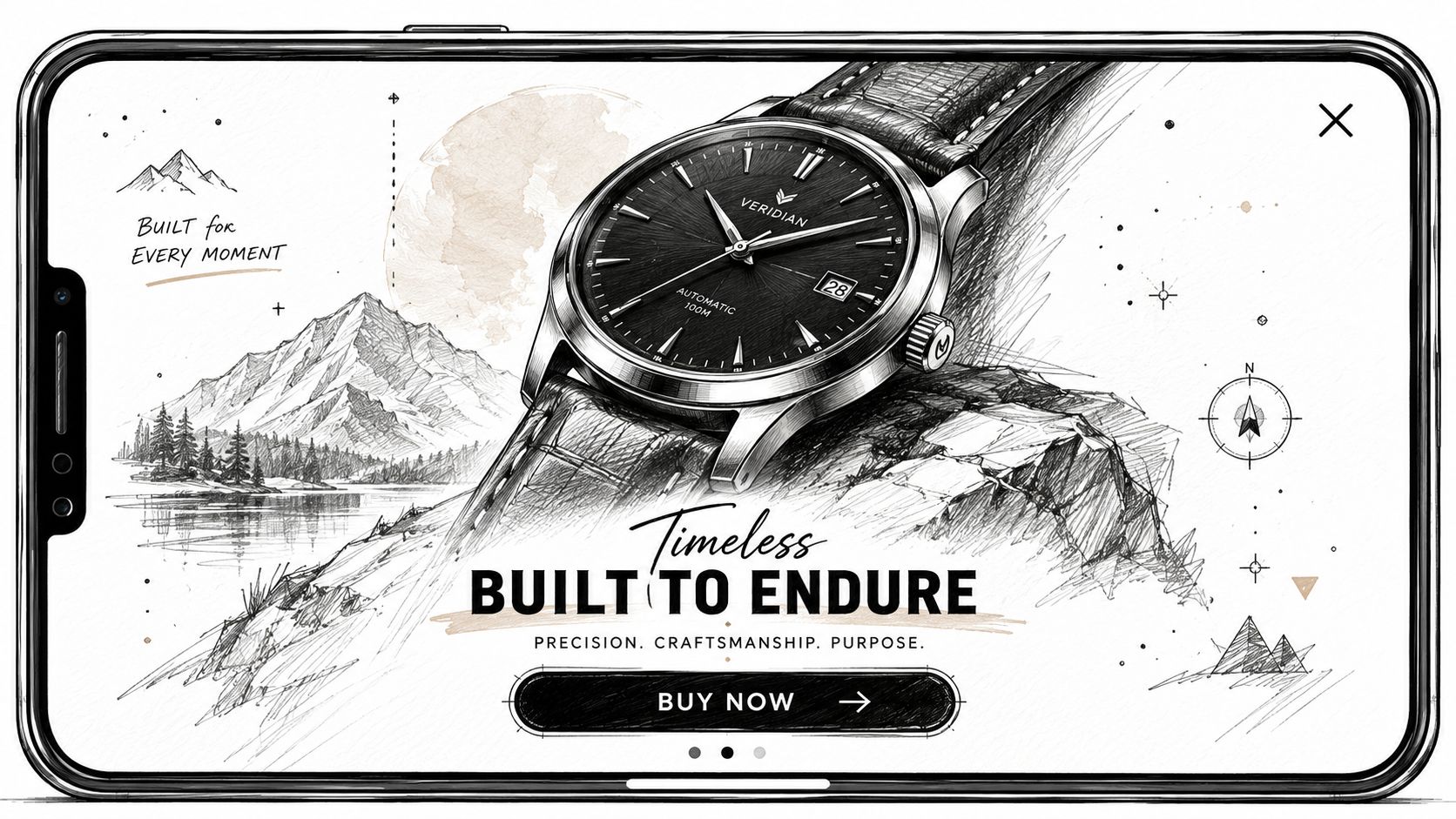 A digital promotional advertisement for Veridian watches featuring a pencil sketch style illustration of a luxury timepiece.