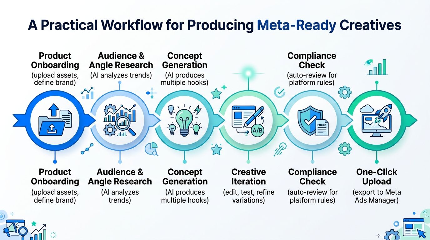 A diagram illustrating a six-step practical workflow for creating professional advertisements for Meta social media platforms.