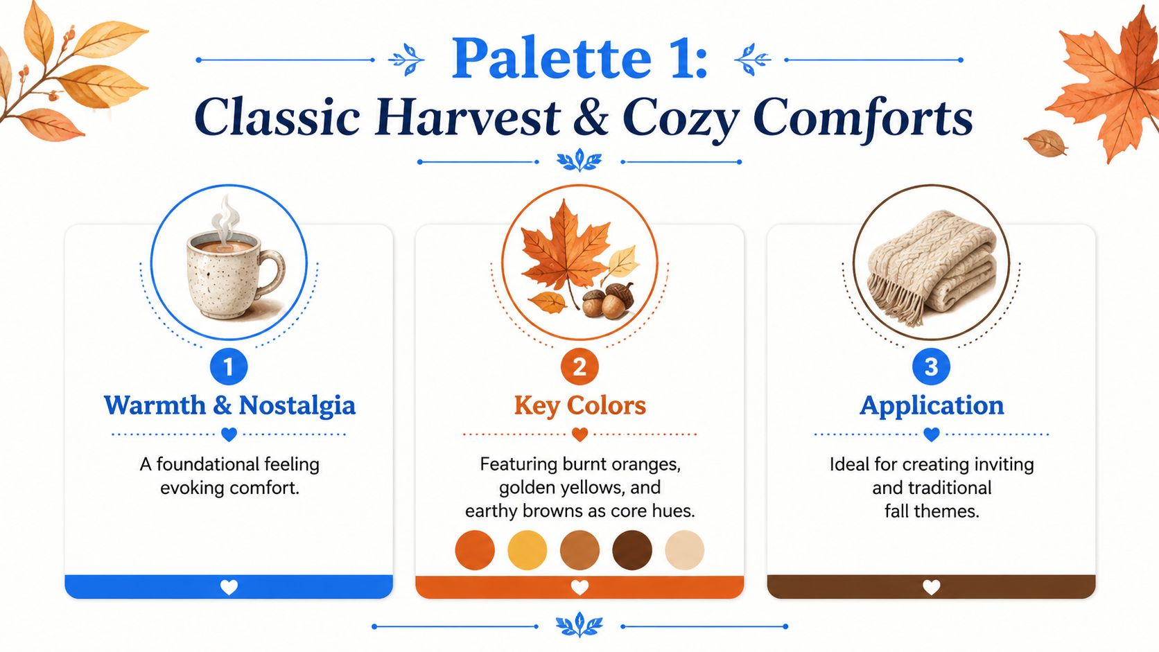 A graphic titled Palette 1: Classic Harvest and Cozy Comforts showcasing fall colors with autumnal imagery.