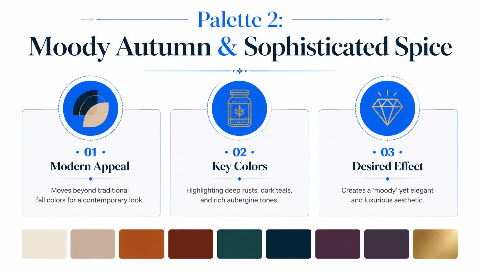 A color palette guide titled Moody Autumn and Sophisticated Spice featuring color swatches and design descriptions.