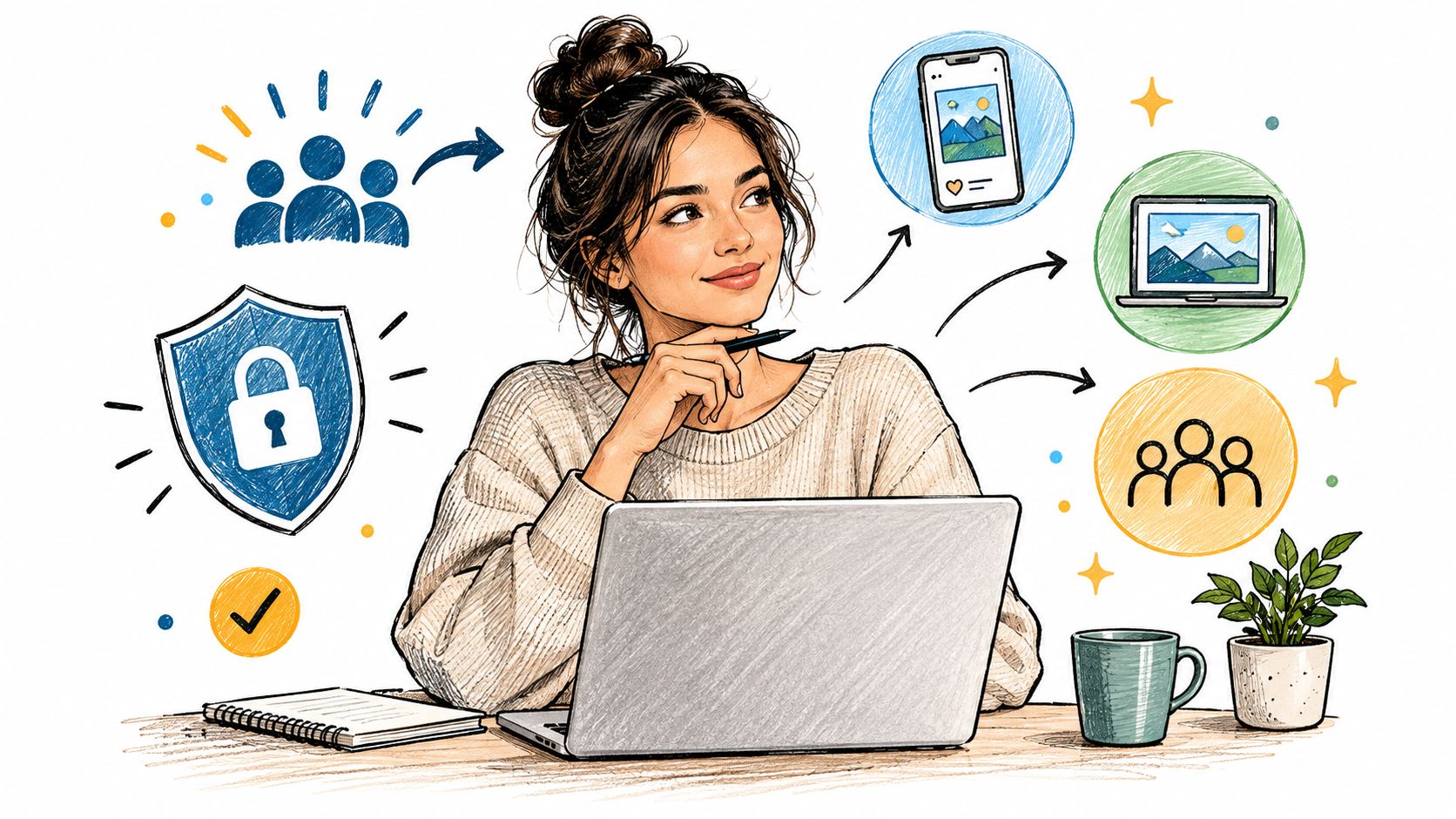 A woman using a laptop with illustrations of social sharing, privacy protection, and device connectivity icons.
