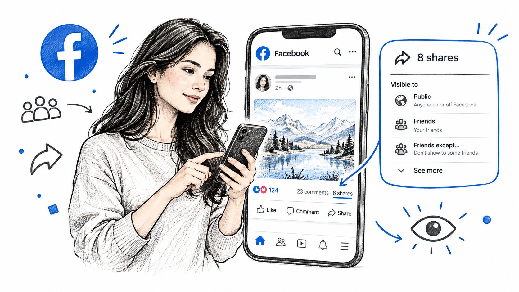 A woman using her smartphone to check visibility settings on a Facebook post about sharing metrics.