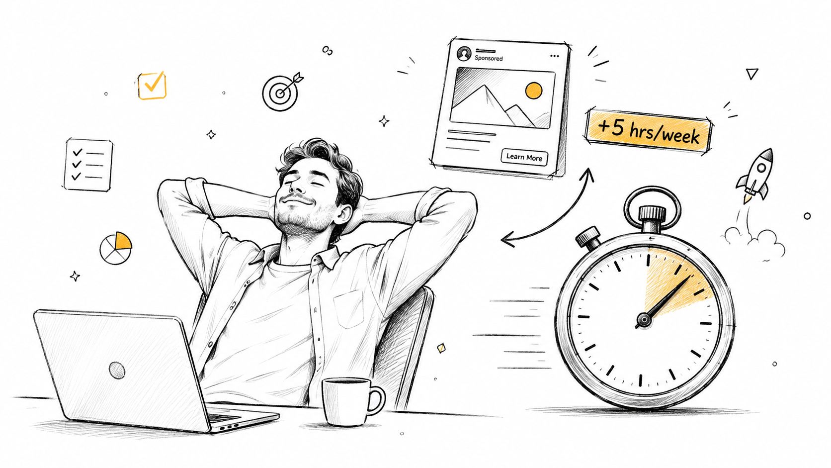 A relaxed man sitting at a desk with a laptop, visualizing increased efficiency and Facebook ad success.