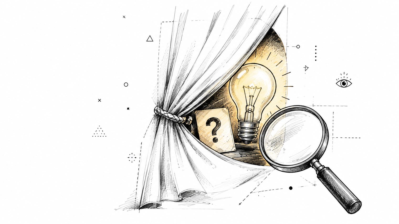 A pencil sketch of a lightbulb and question mark behind a curtain, observed through a magnifying glass.