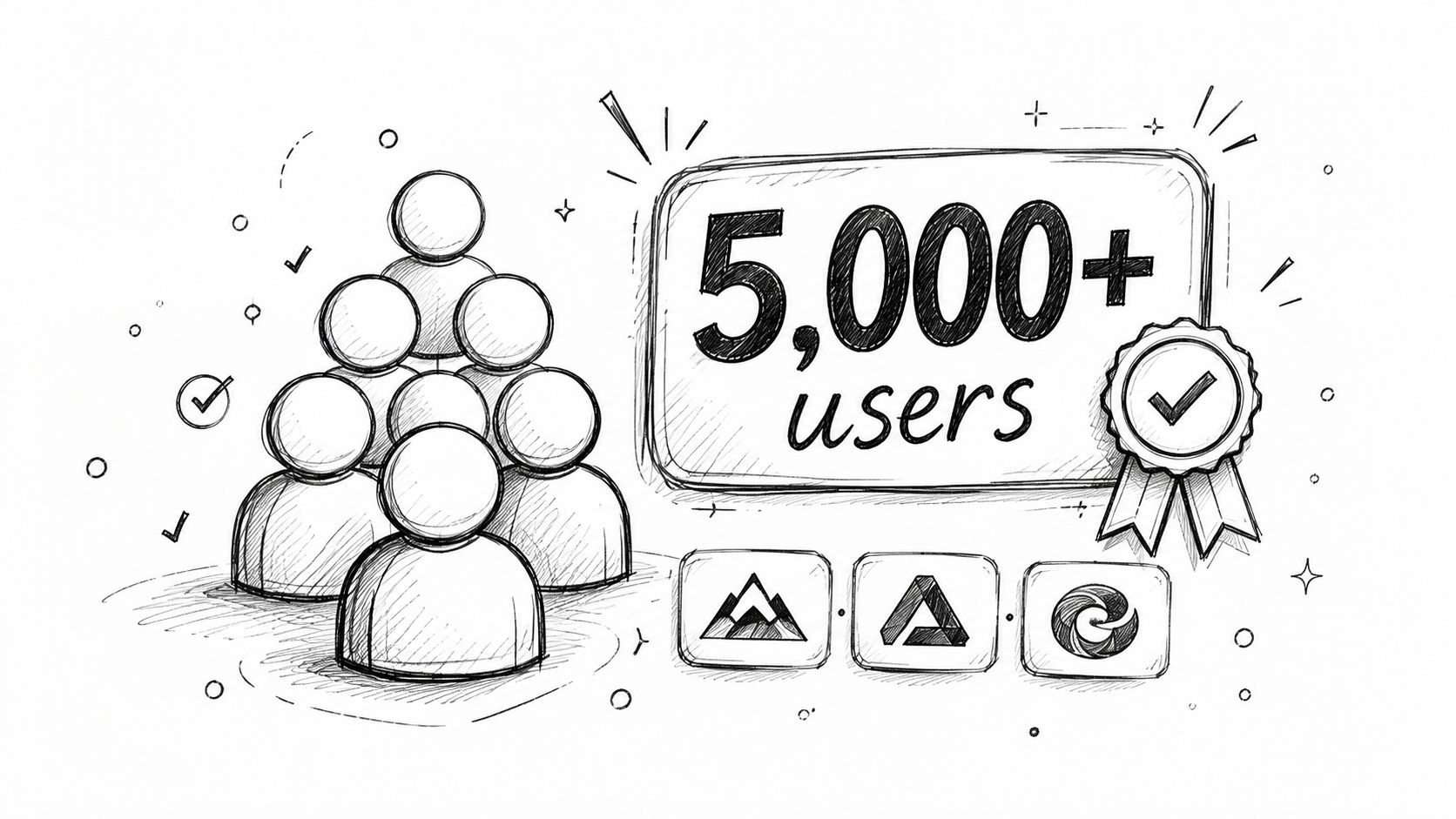 A hand-drawn sketch illustration showing a group of people and a badge with the text 5,000+ users.