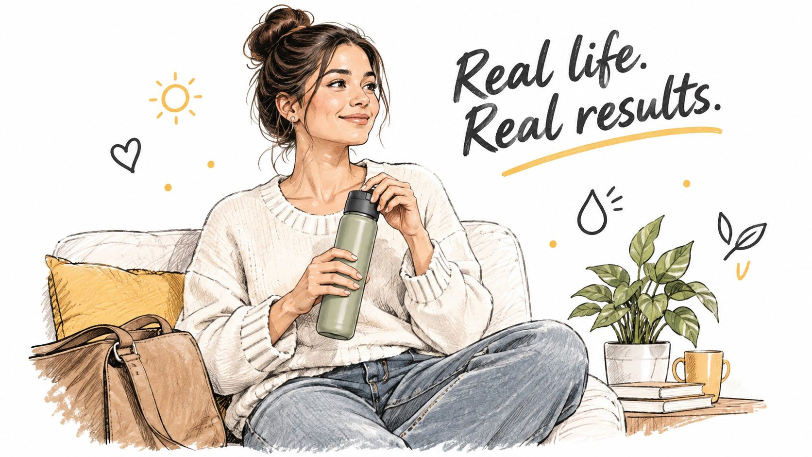 A woman holding a green water bottle, sitting on a couch with a bag and a plant.