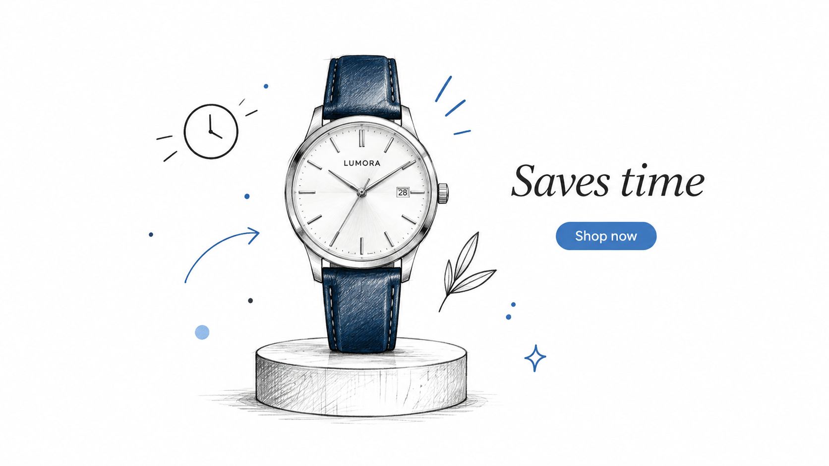A pencil sketch style advertisement for a Lumora wristwatch on a wooden pedestal with the text Saves time.