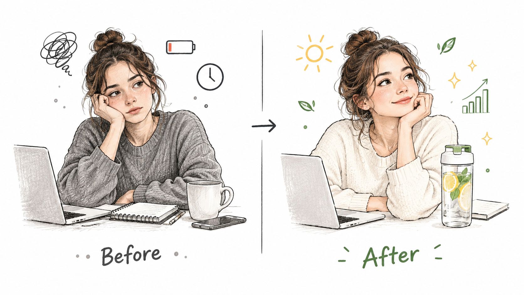 A split image illustrating productivity transformation showing a tired woman before and a happy, hydrated woman after.