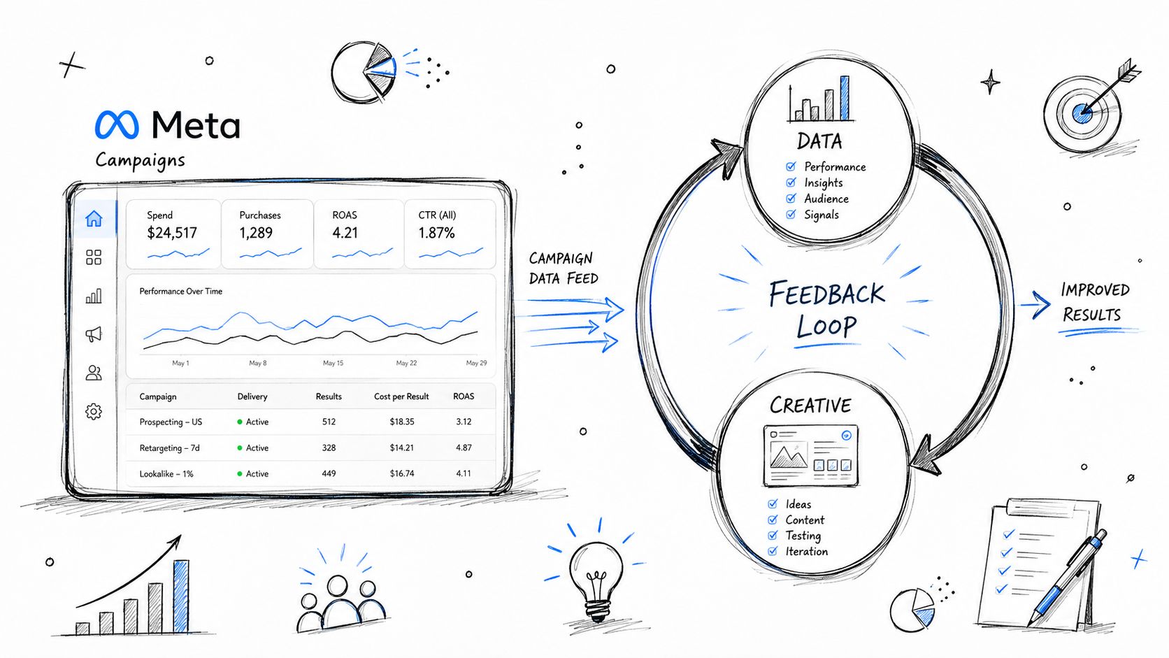 A diagram illustrating a Meta marketing feedback loop connecting campaign data feeds to creative strategy for improved results.