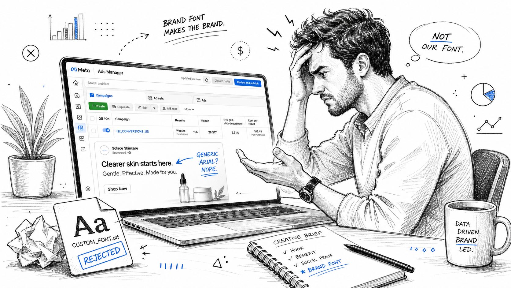 A frustrated marketer looking at an ad manager screen with incorrect font branding on a laptop.